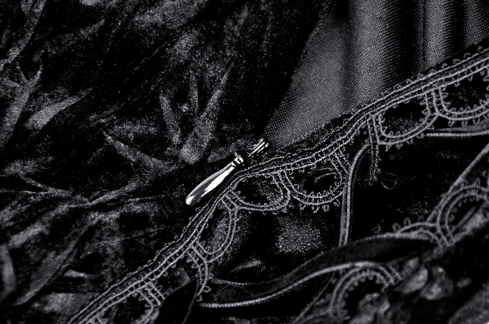 Black gothic evening dress with flutter lace sleeves and halter back neckline detail