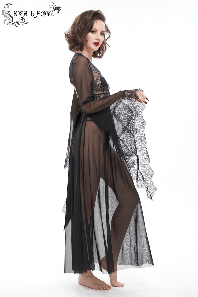 Black sheer lace gothic evening dress romantic dark aesthetic on model