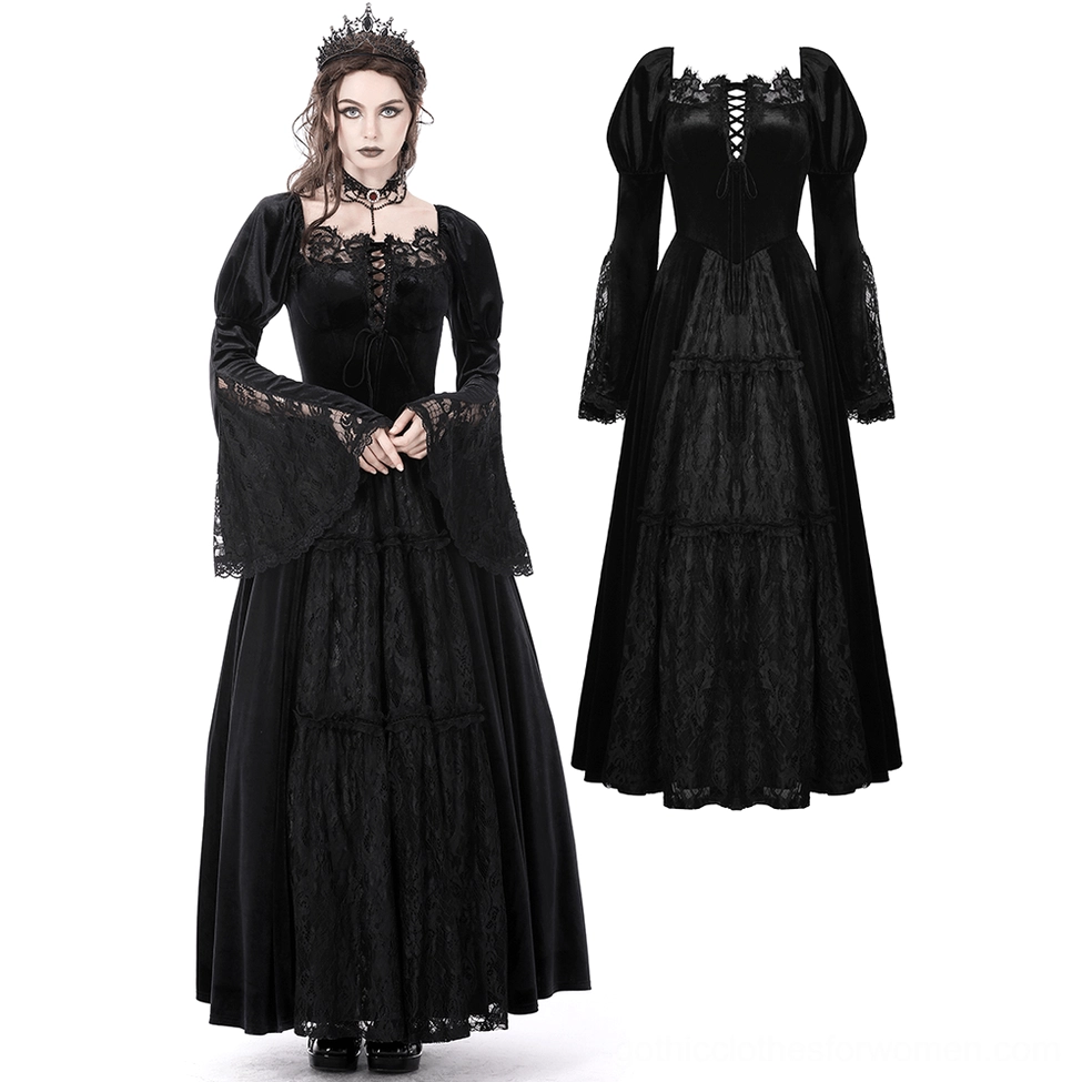 Model wearing black gothic gown with crown choker accessory and flat lay display of dress showing tiered lace skirt