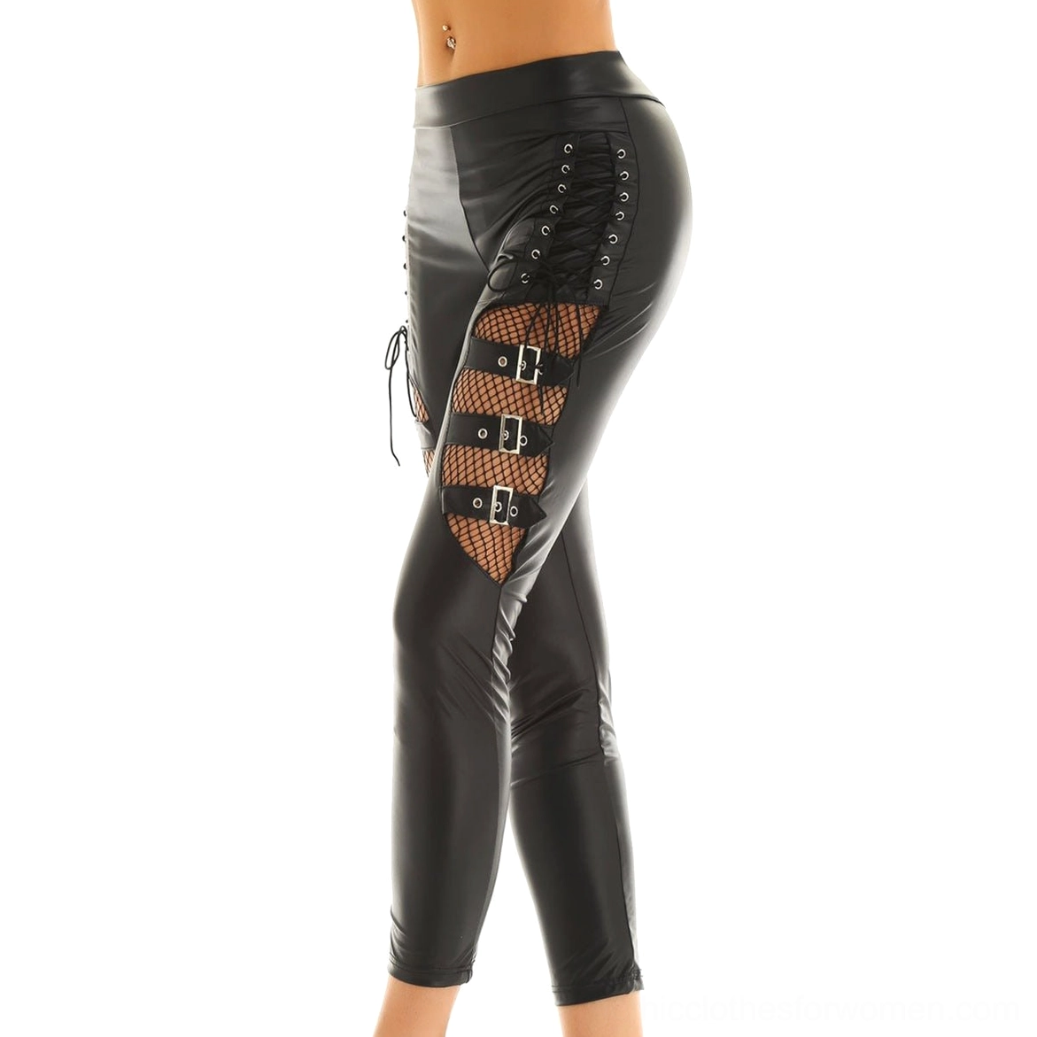 Black faux leather gothic pants worn by model, detailed side profile view of lace-up panels, fishnet cutouts, and decorative buckle embellishments