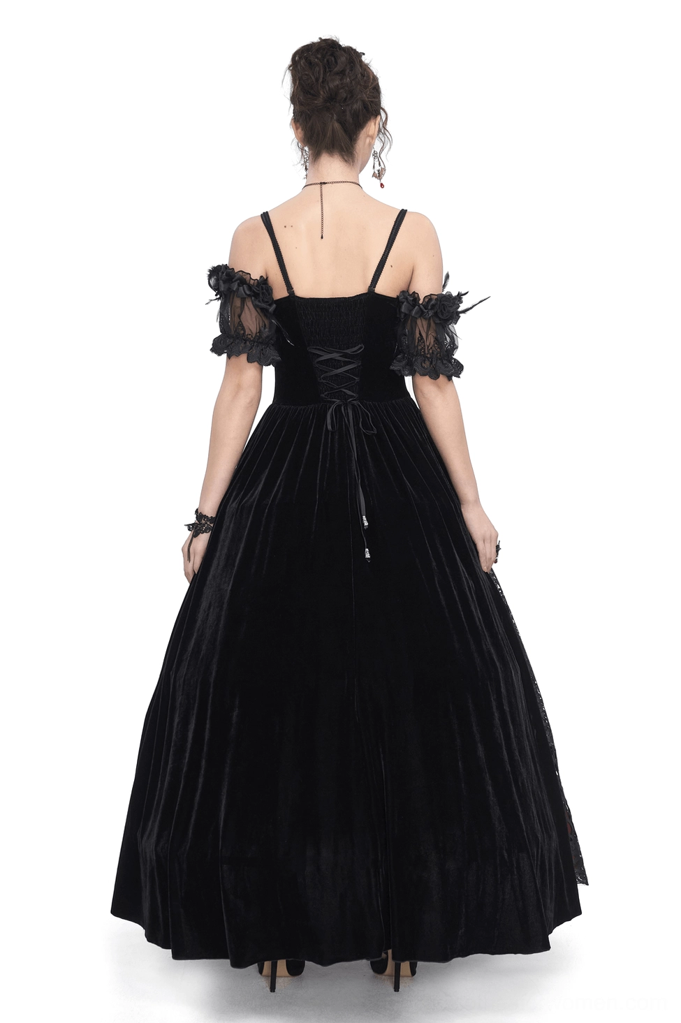 Black gothic velvet evening gown back view featuring lace-up corset back and spaghetti straps - elegant gothic formal dress rear