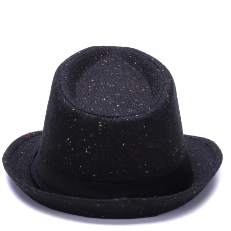 Black gothic fedora hat angled view highlighting ribbon band detail and felt fabric quality