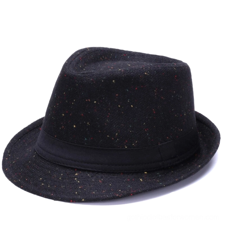 Black wool felt gothic fedora hat with wide brim and black ribbon band shown in side profile view