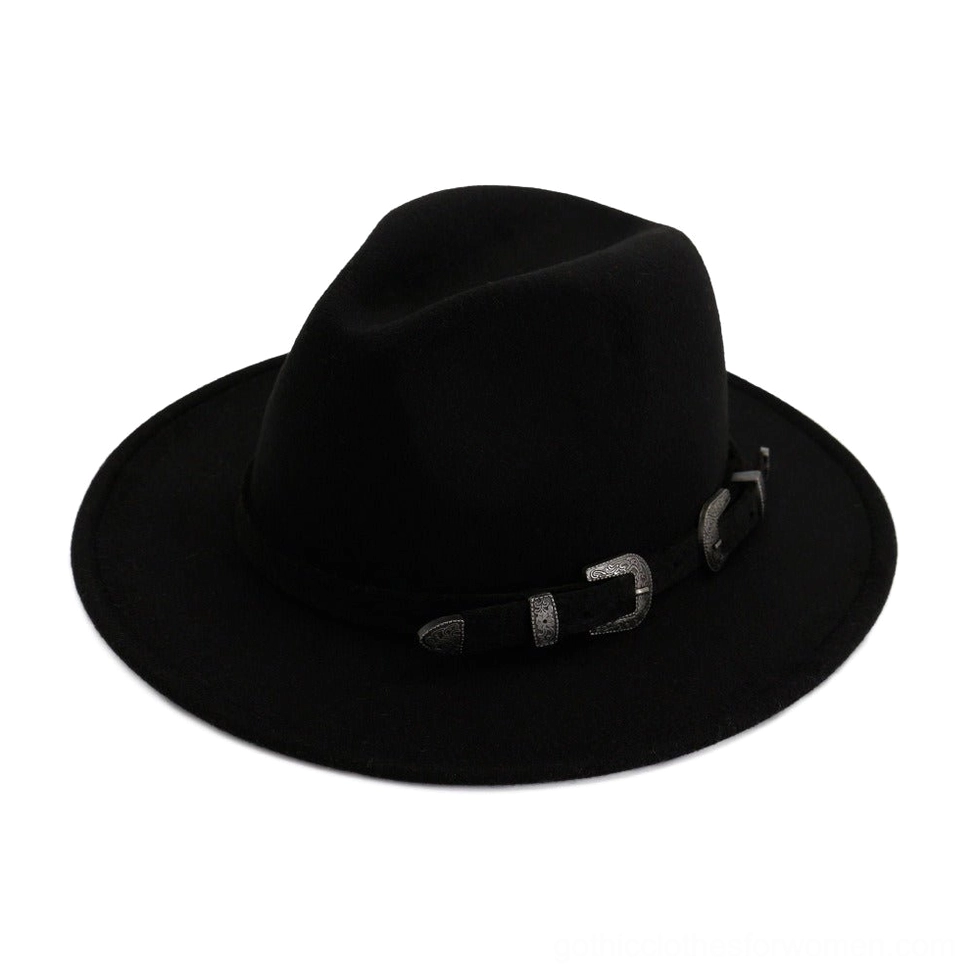 Black gothic vintage fedora hat with leather belt and dual metal buckles - front flat lay view