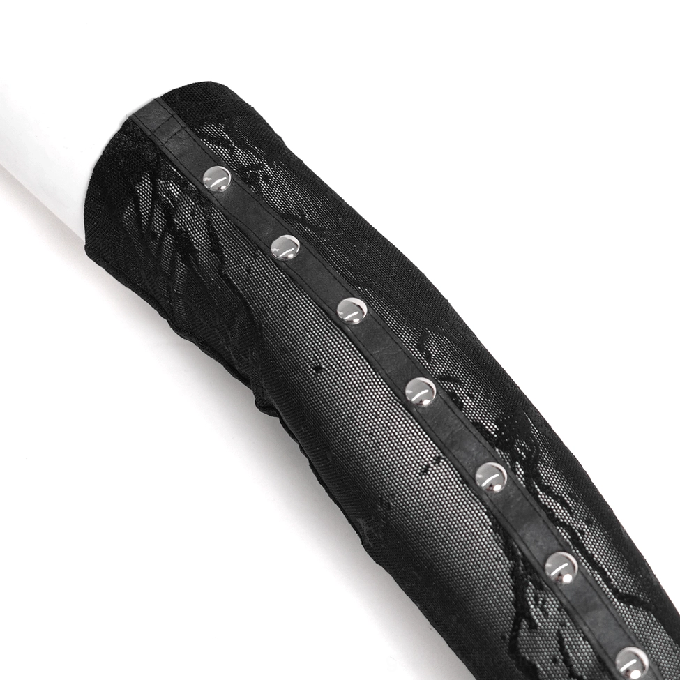 Black gothic lace fingerless arm sleeves showing complete pair with spike stud cuffs and sheer mesh construction