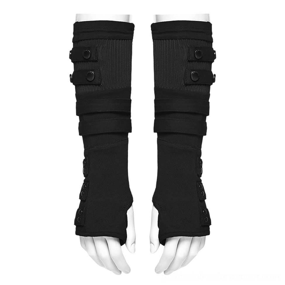 Pair of black gothic fingerless gloves on mannequin hands, flat lay showing full glove length and multiple rivet strap bands