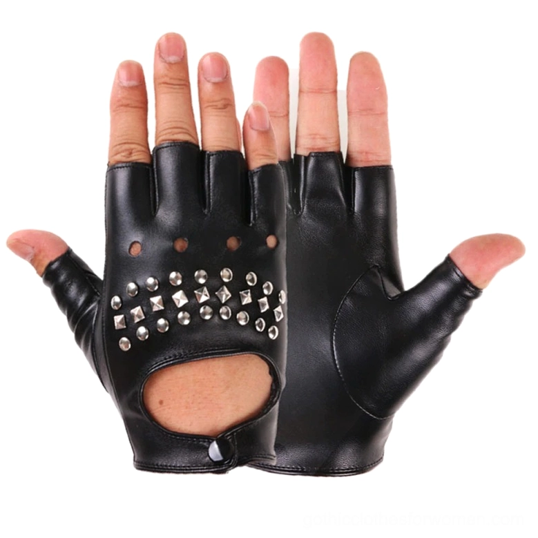 Black PU leather fingerless gloves front and back view on mannequin hands