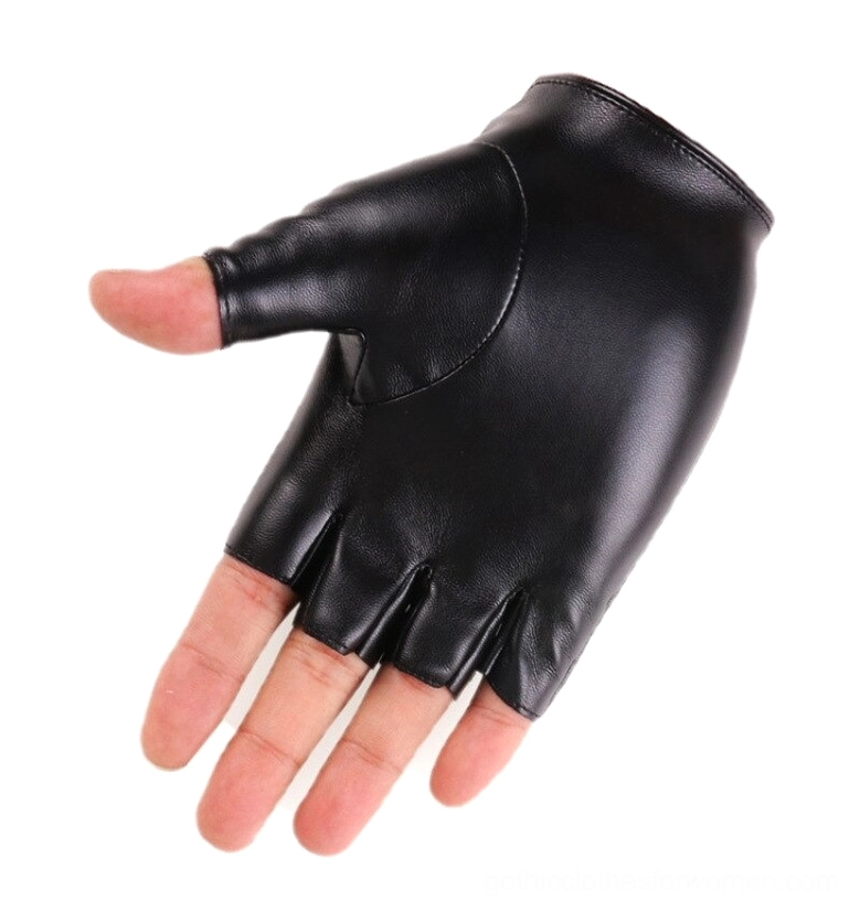 Matte black PU leather plain fingerless gloves mannequin hand side view