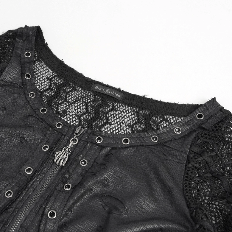 Black gothic dress with fishnet sleeves and irregular hem, demonstrating avant-garde goth aesthetics
