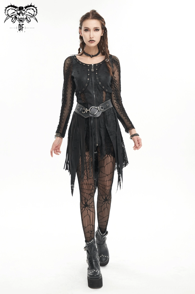 Black gothic dress with fishnet construction and asymmetrical design, detailed view of mesh paneling