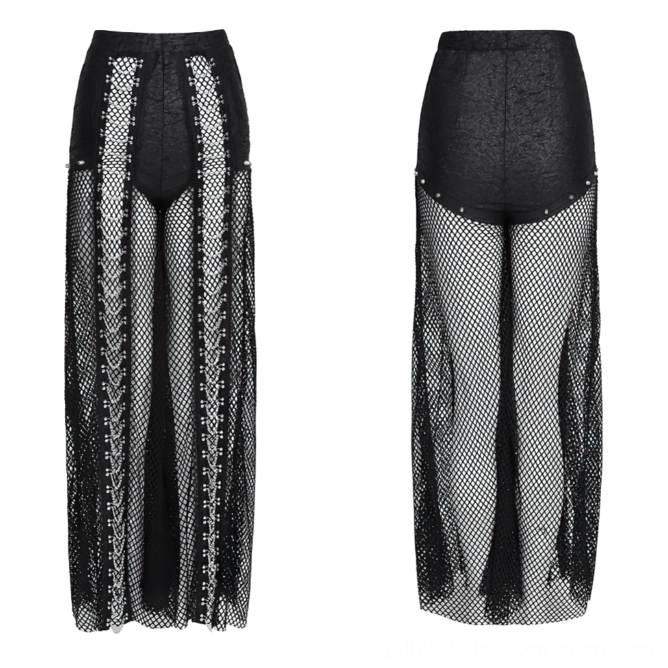 Flat lay front view black gothic fishnet pants showing solid waist panel and vertical chain decoration