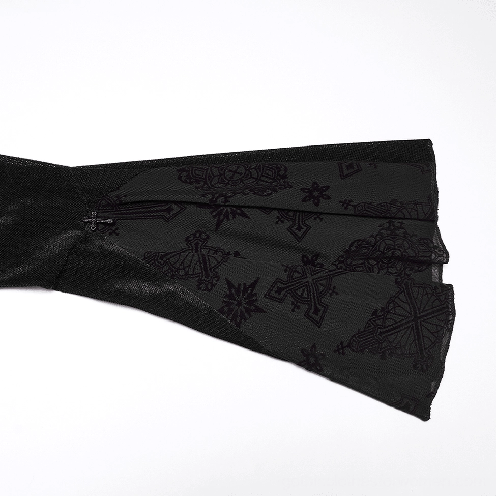 Black gothic fishtail dress showing overall silhouette with dramatic flared hem and bell sleeve construction