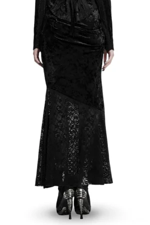 Black fishtail gothic skirt rear view showing lace hem detail and elegant silhouette from back