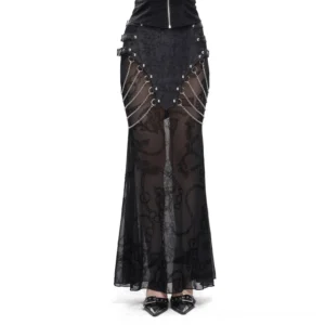Black gothic mesh fishtail skirt with metal chains and multi-buckle waist, front full-length view with pointed black heels