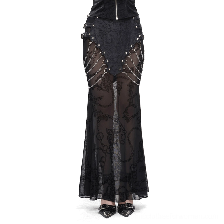 Black gothic mesh fishtail skirt with metal chains and multi-buckle waist, front full-length view with pointed black heels