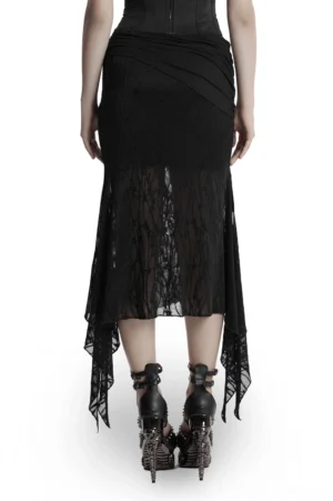 Gothic fishtail skirt back view displaying sheer lace panel and handkerchief hem with platform heels