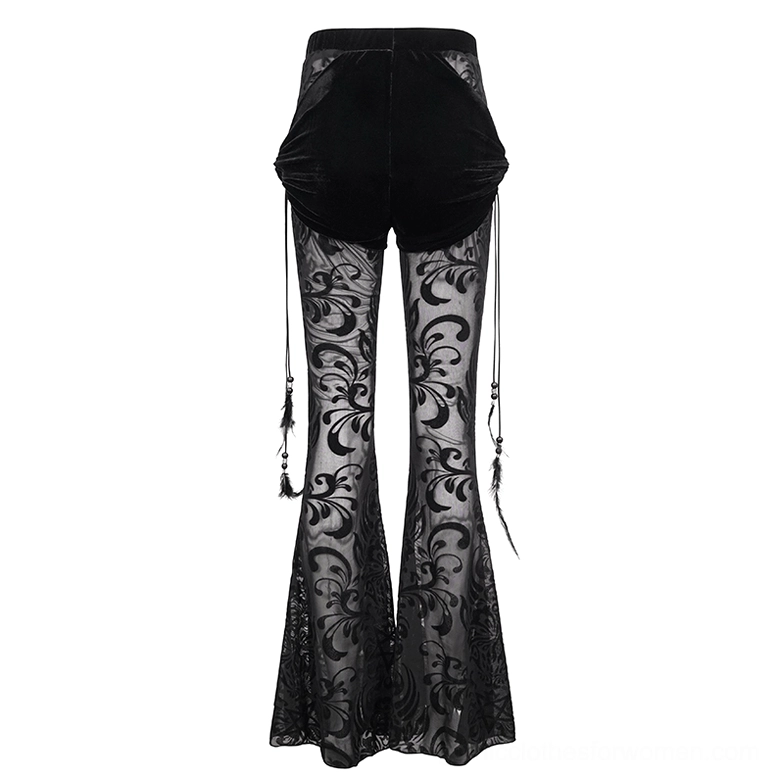 Full body front view of black mesh gothic flare pants worn on model, displaying lace-up waist and pentagram mesh print