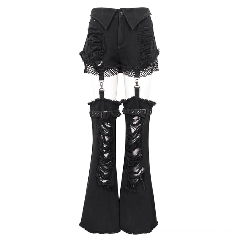 Black gothic distressed flared pants with detachable leg warmers - front three-quarter flat lay view