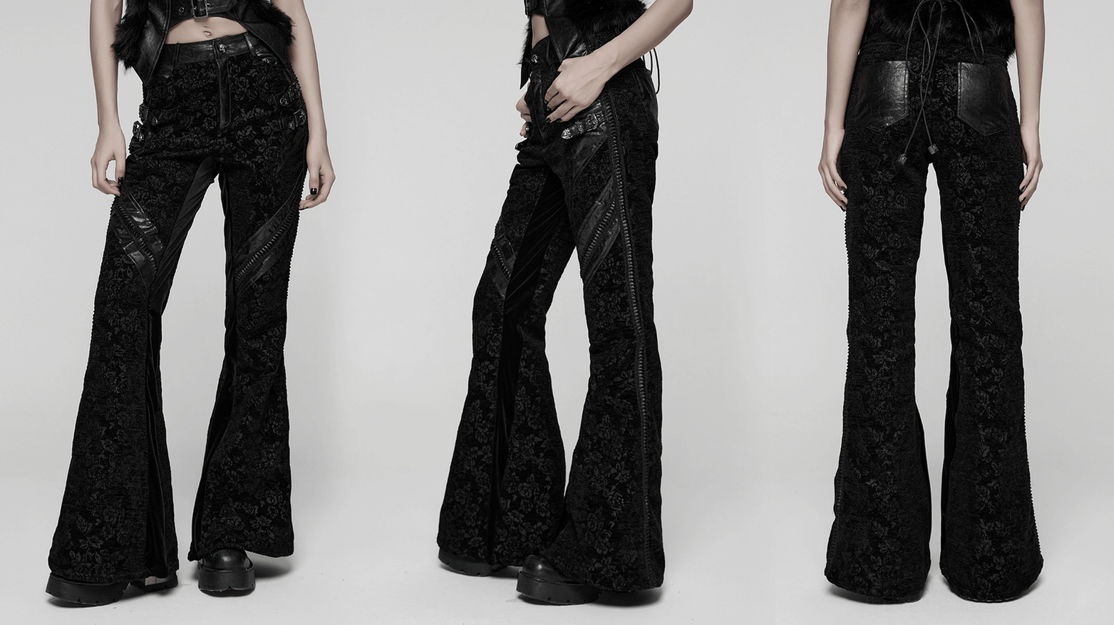 Black gothic flared pants full silhouette - flared leg architecture, fitted hip design, romantic dark aesthetic