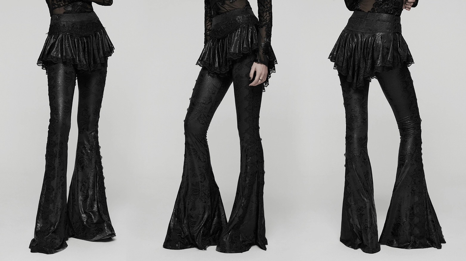 Black gothic flared pants full length styling presentation view