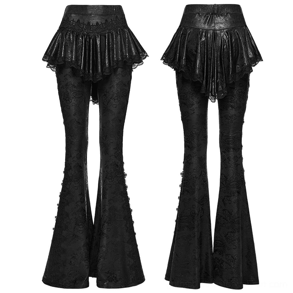 Black gothic flared pants with ruffled lace peplum flat lay front