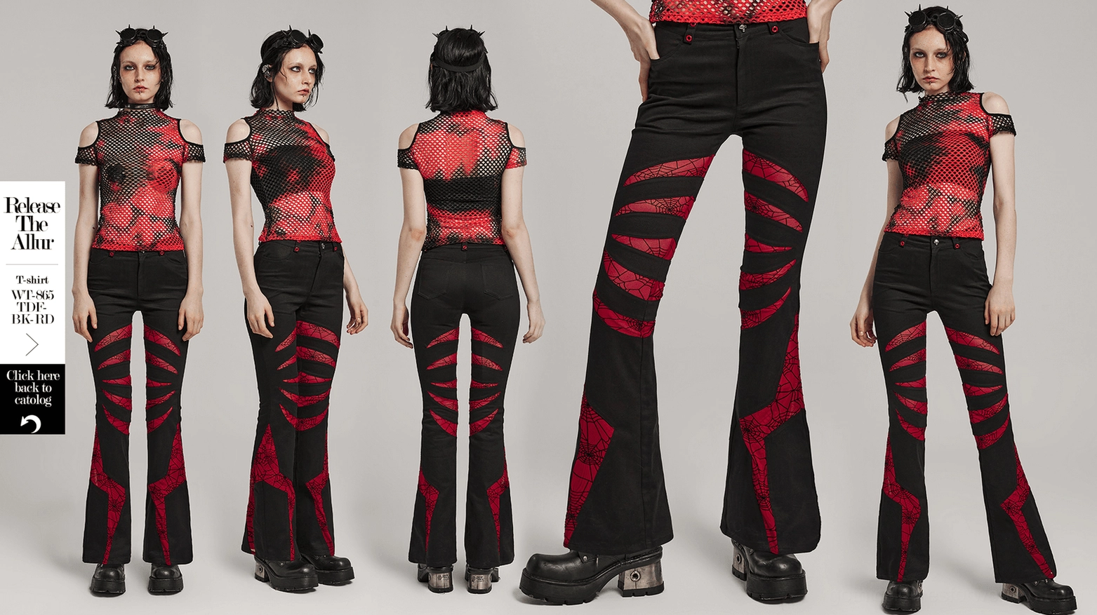 Black gothic flared pants with red spiderweb mesh inserts front view product image