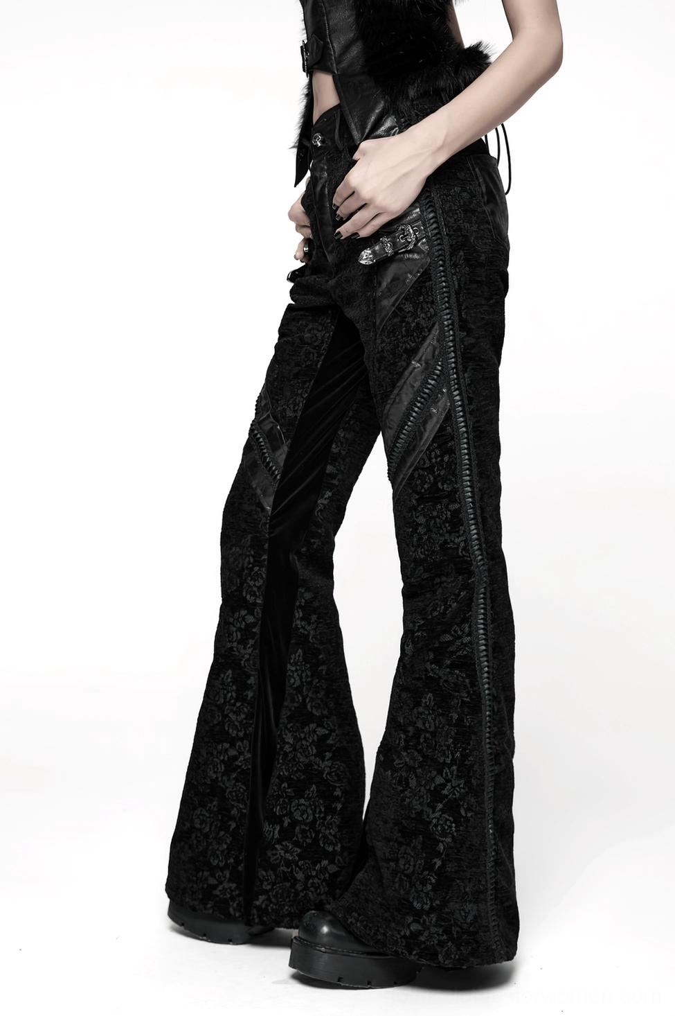 Black gothic flared trousers styling inspiration - alternative fashion, goth subculture, dark romantic aesthetic