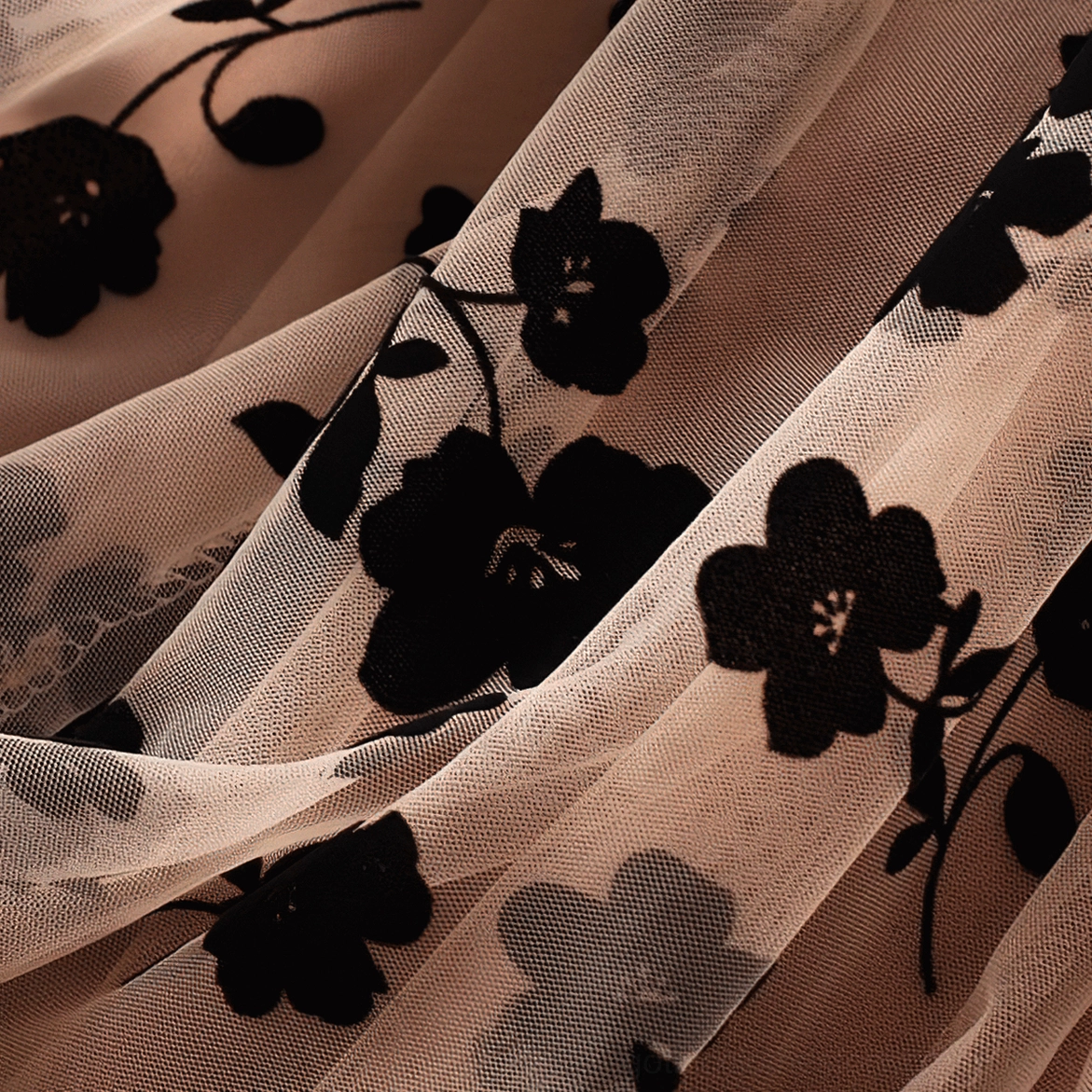 Black gothic floral mesh midi skirt full length view, ankle-length cut, tulle silhouette elegance