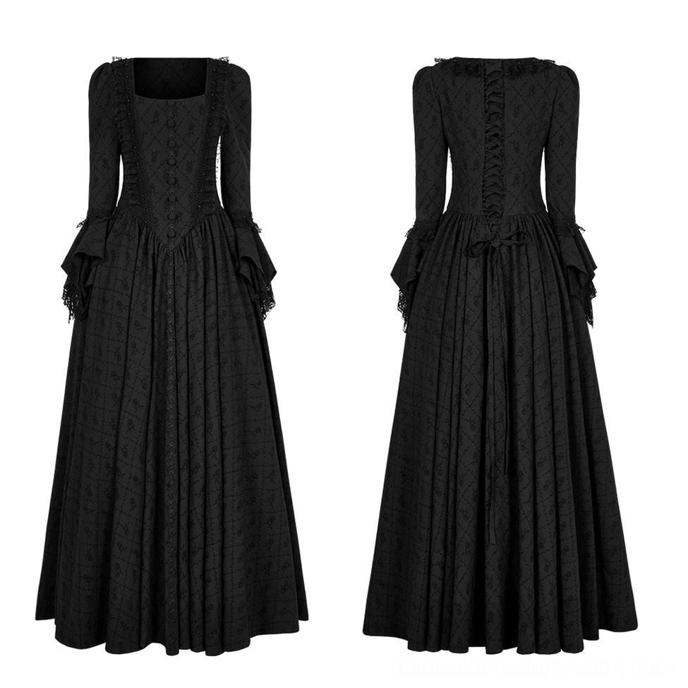 Victorian gothic formal gown flat lay - square neckline, button placket, and rose jacquard texture detail