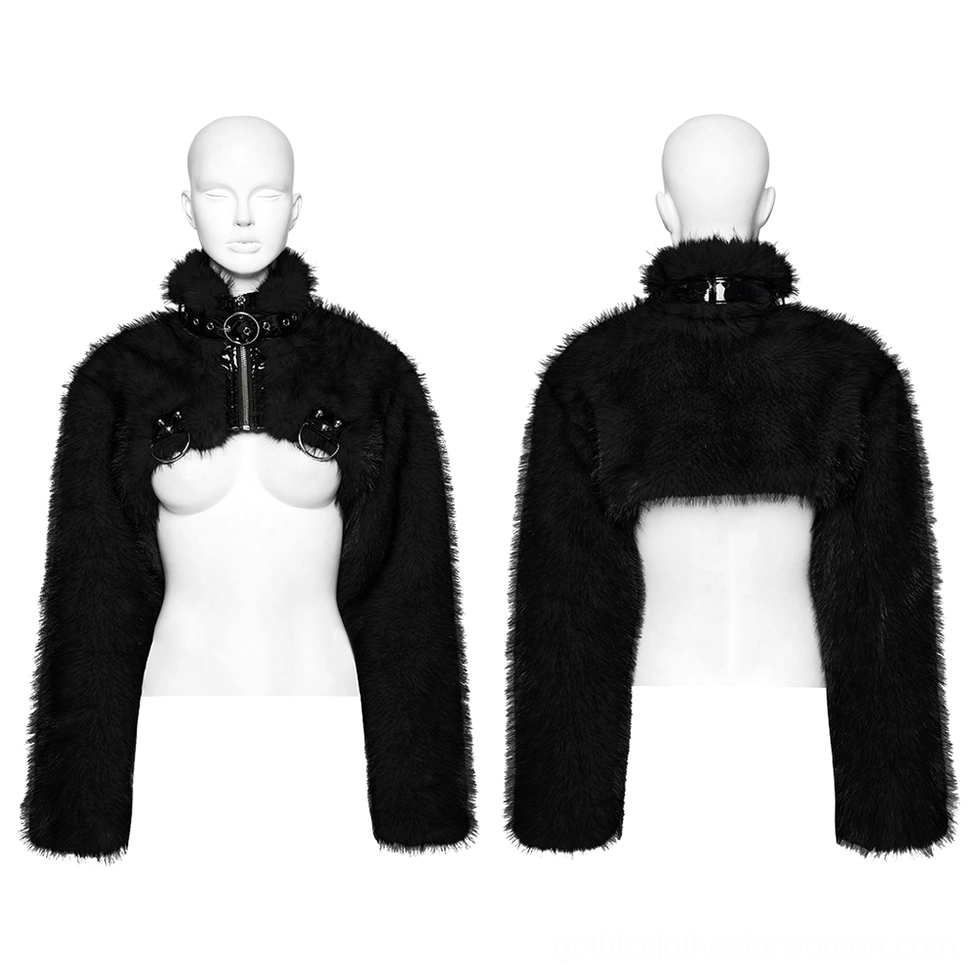 Black faux fur gothic cropped jacket flat lay showing front and back views on mannequin with o-ring rivet hardware and stand collar detail