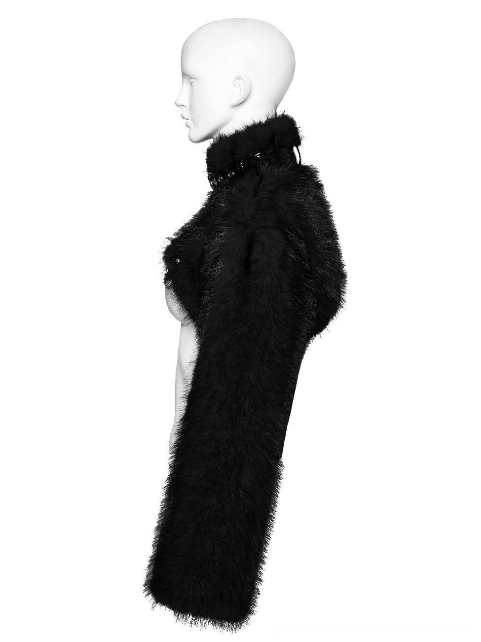 Black faux fur gothic cropped jacket side view on mannequin showing long sleeves, cropped hem, and soft fur pile texture