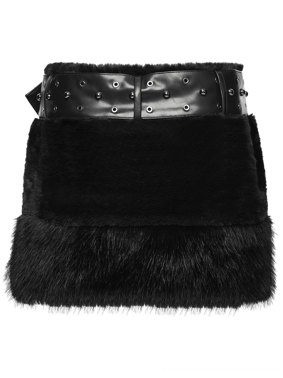 Black faux fur gothic mini skirt front view with double-row stud pattern on reverse buckle leather belt, flat lay presentation