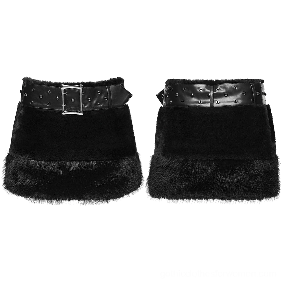 Two black faux fur gothic mini skirts with different studded leather buckle styles displayed flat lay, comparing design variations