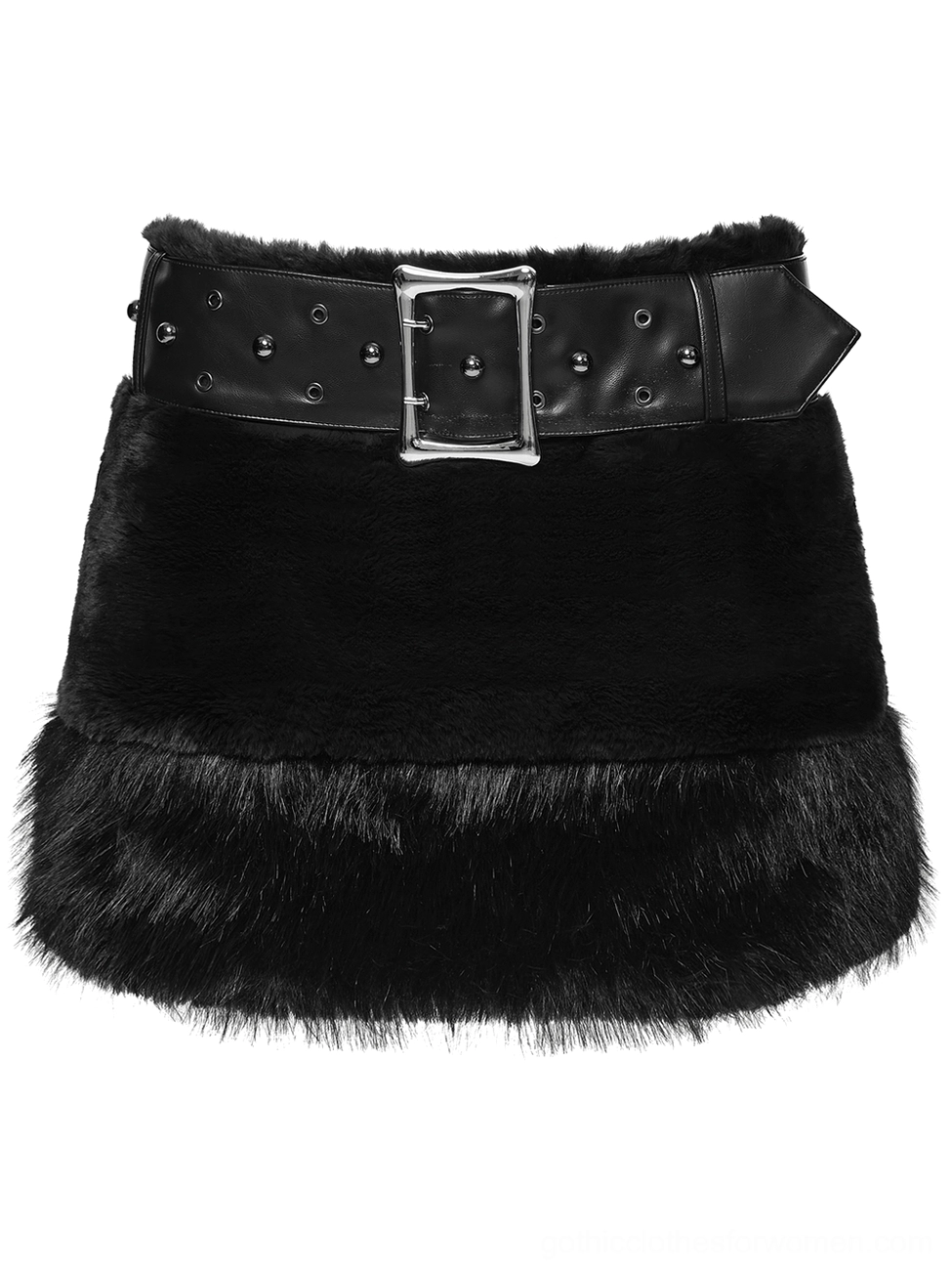 Single black faux fur gothic mini skirt front flat lay view, featuring silver square studded buckle and thick fluffy fur texture