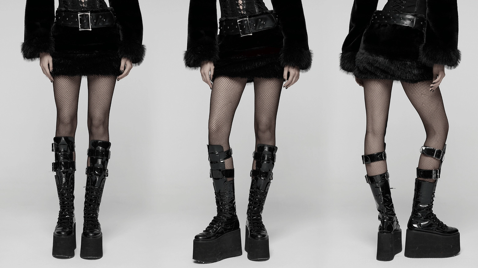 Black faux fur gothic mini skirt product photography showing overall construction, sizing, and studded belt attachment
