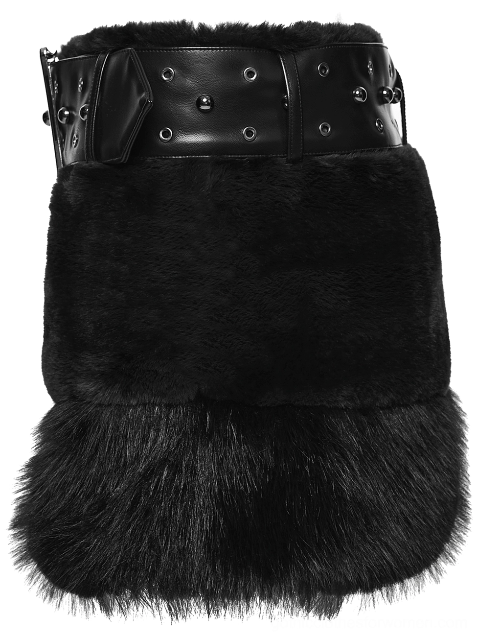 Side view flat lay of black faux fur gothic mini skirt showing fluffy fur hem trim and overall silhouette from the side angle