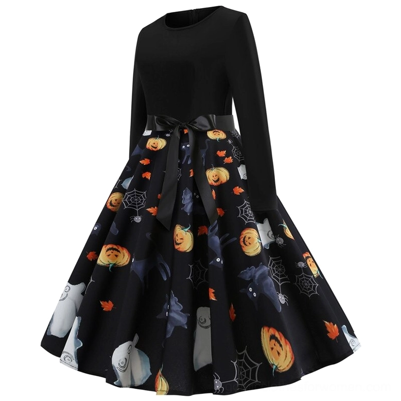 Black gothic ghost and spider print long-sleeve dress with flared skirt and bow sash