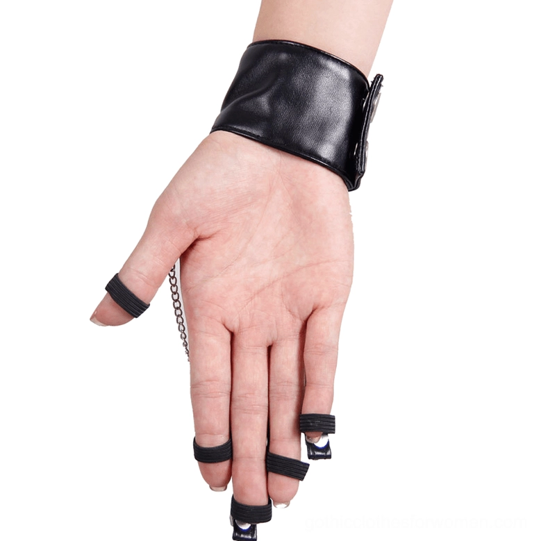 Black leather fingerless glove side view displaying metal chain straps and skull appliqués on white background