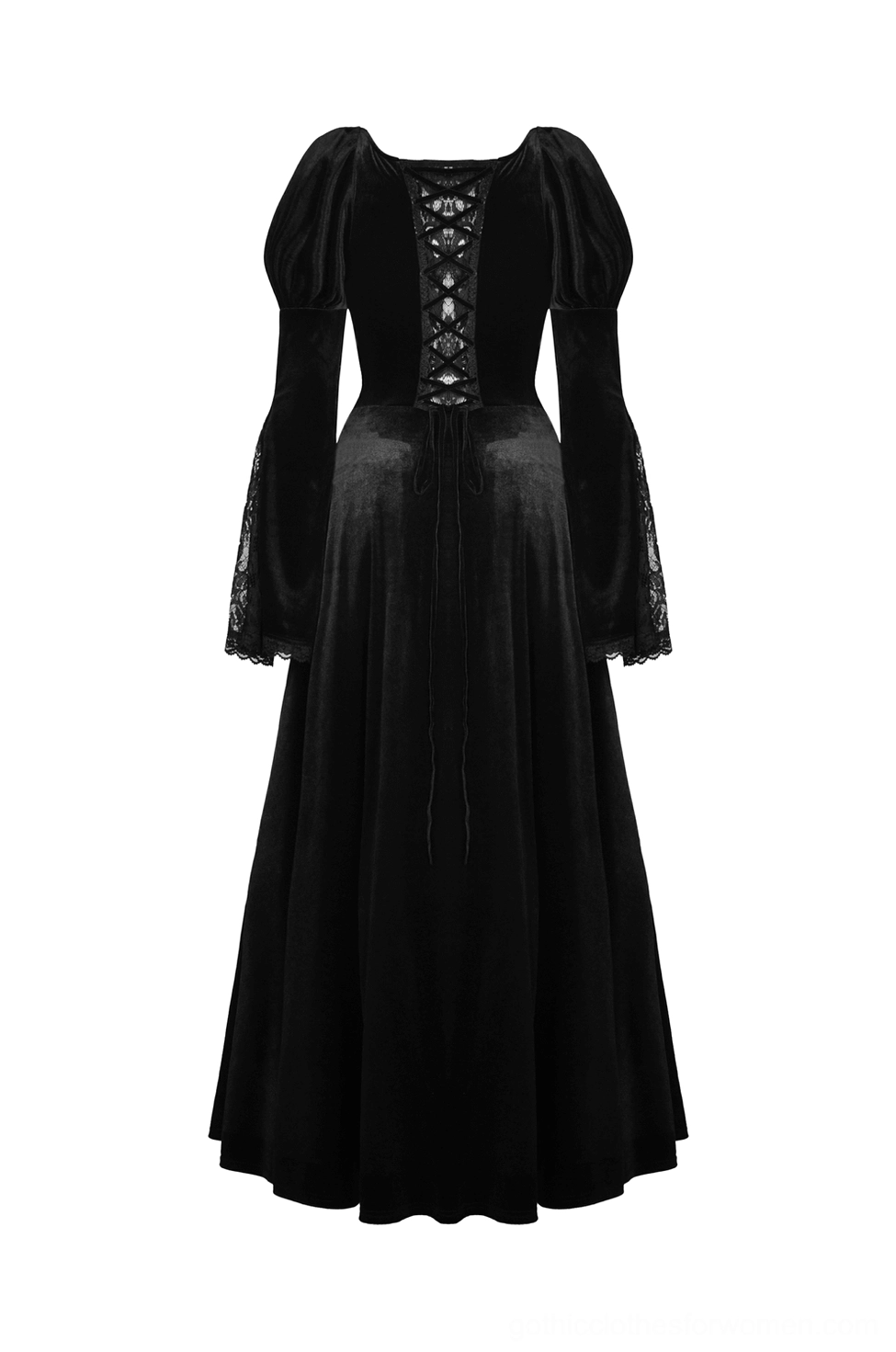 Back flat lay display of black Victorian gothic gown featuring crisscross lace-up back design and velvet texture