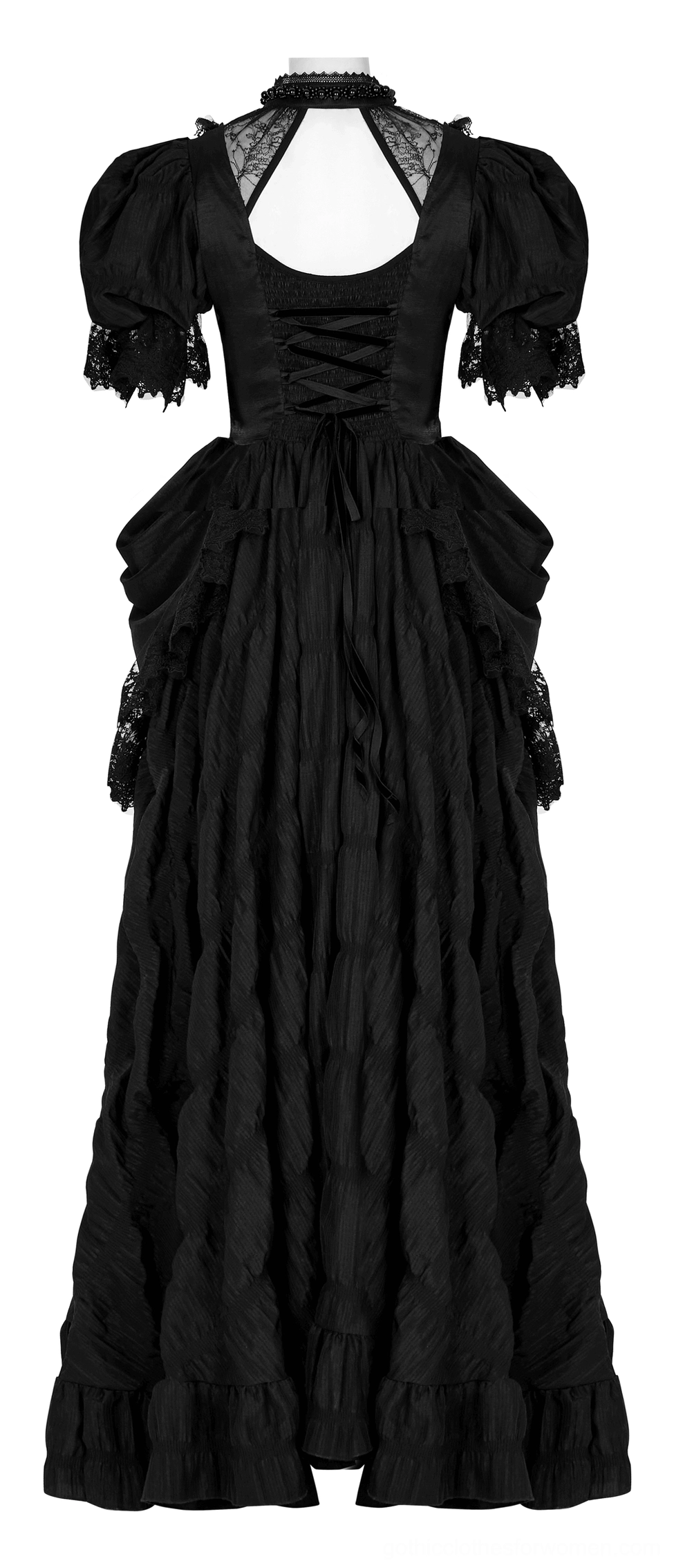 Black gothic evening gown rear view with low back cutout and authentic corset lace-up closure detail on mannequin