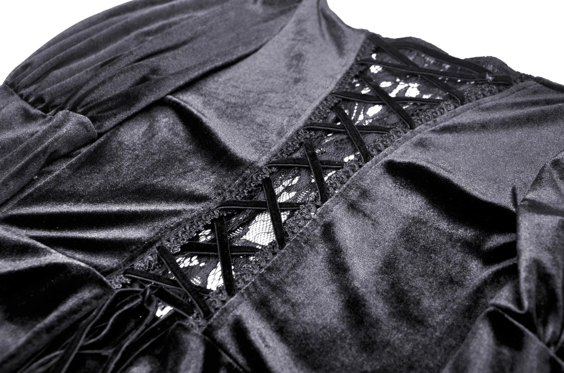 Close-up detail of crisscross lace-up back closure on black Victorian gothic evening gown
