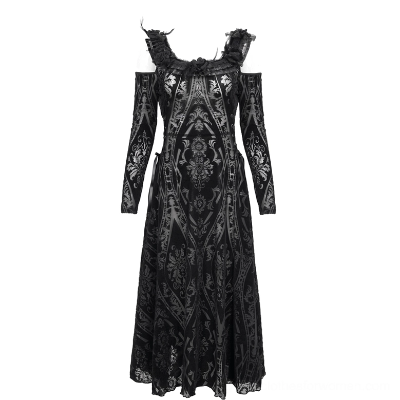 Black gothic off-shoulder formal gown flat lay display with feather-trimmed shoulders and damask print pattern