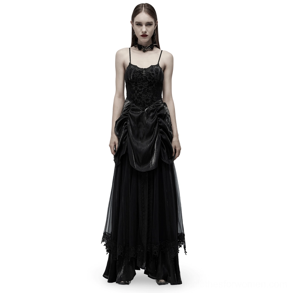 Black velvet and tulle gothic gown front view with spaghetti straps and bat motif chest accent