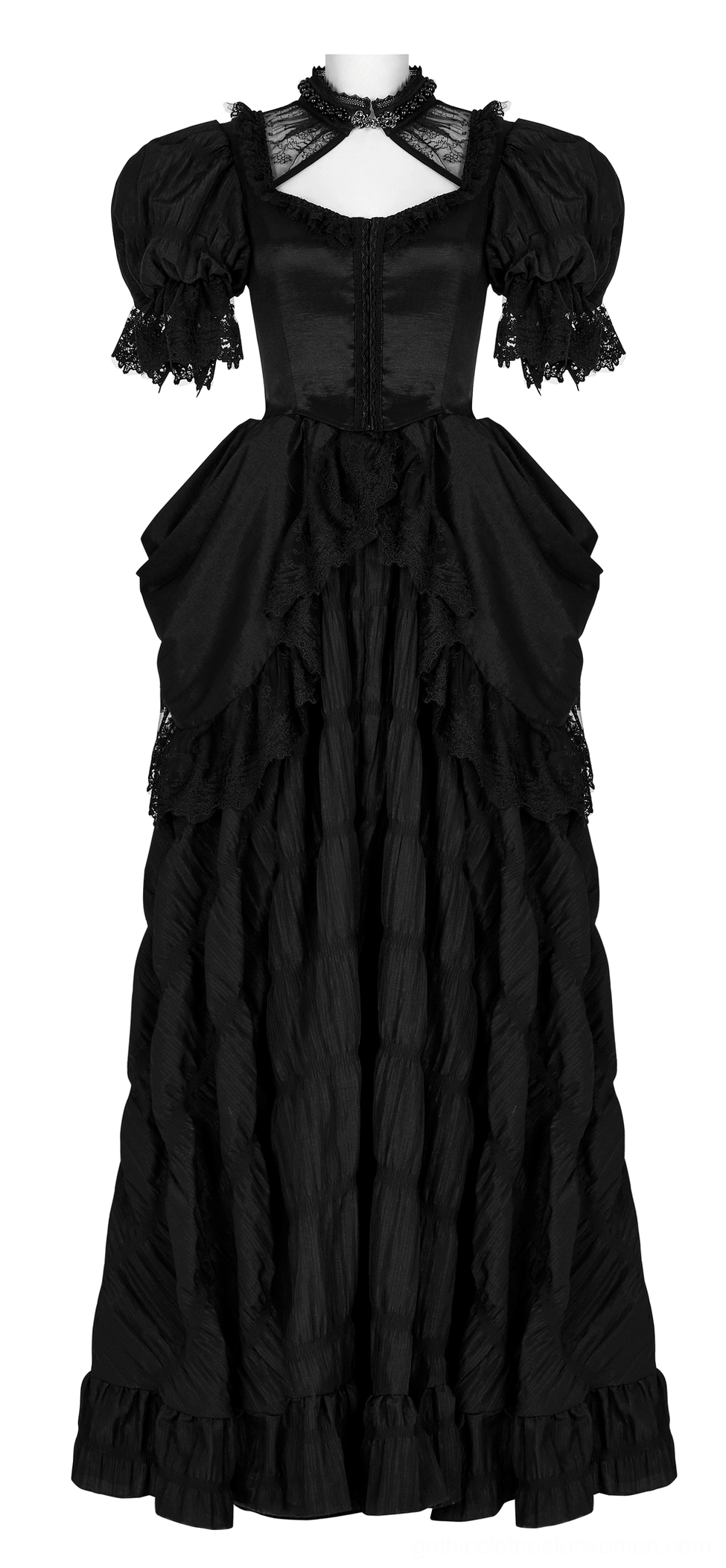 Black Victorian gothic evening gown full front view with square neck clasp, corseted bodice, and voluminous floor-length skirt