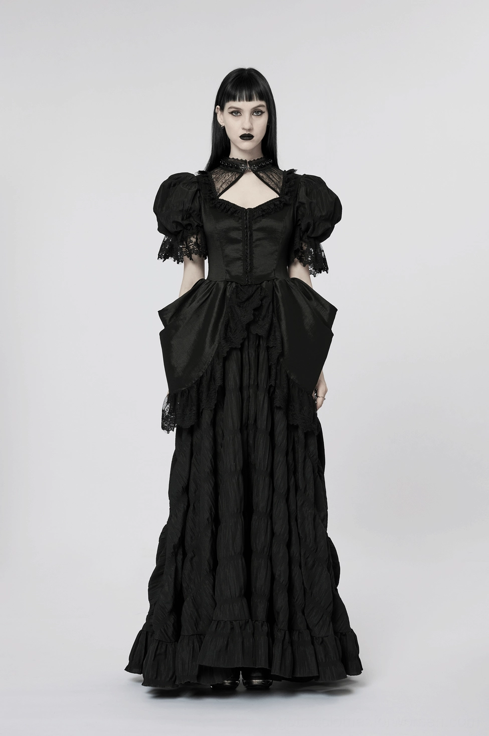 Black gothic evening gown full length front view showcasing delicate lace detailing, puff sleeves, and dramatic silhouette