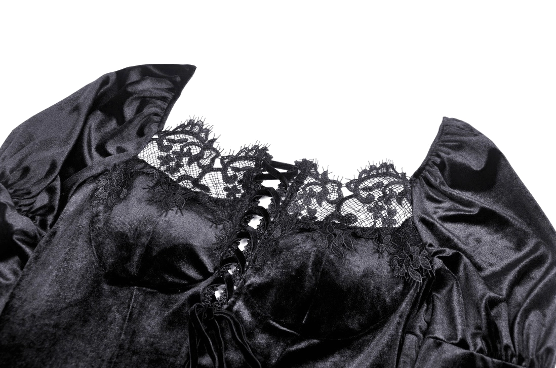 Close-up detail of black gothic gown neckline showing scalloped lace trim and lace-up velvet bodice