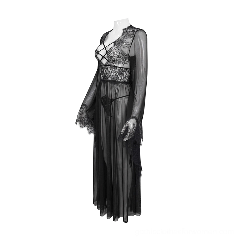Black transparent lace gothic evening gown v-neck crisscross sheer sleeves