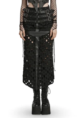 Black gothic grid cutout maxi skirt front view with adjustable buckle waist system and side drawstrings on model