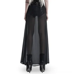 Black gothic half skirt sheer chiffon overlay - rear view on model wearing boots