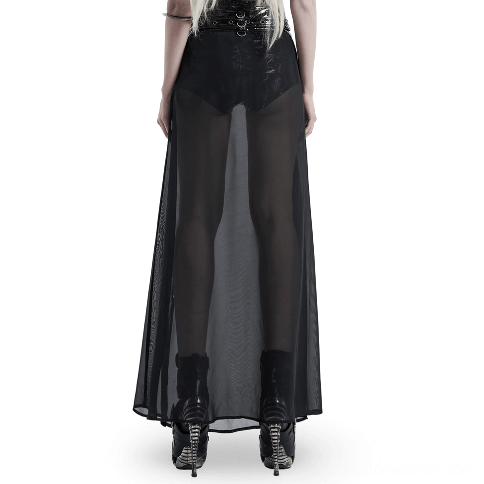 Black gothic half skirt sheer chiffon overlay - rear view on model wearing boots